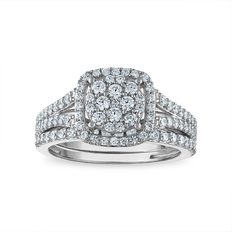 Silver Cocktail Ring-LoveSong EcoLove 1 CTW Lab Grown Diamond Cluster Halo Bridal Set in 10KT White Gold