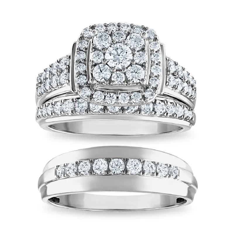 Diamond Wedding Ring Set for Women-EcoLove 1-1/2 CTW Lab Grown Diamond Halo Wedding Trio Set in 10KT White Gold