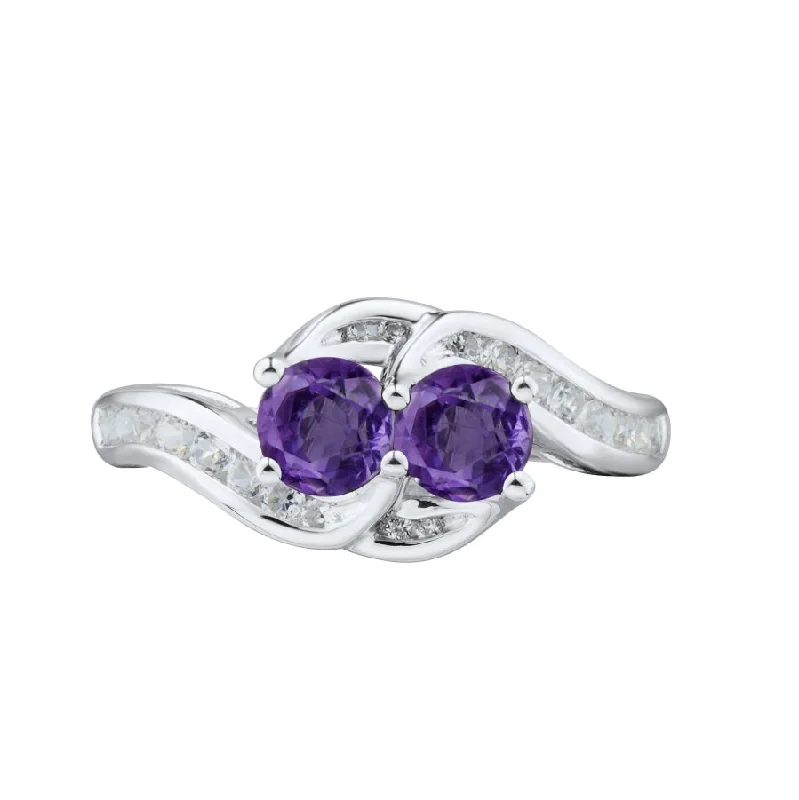 Large Emerald Ring-Round Amethyst and White Sapphire Two Stone Ring in Sterling Silver