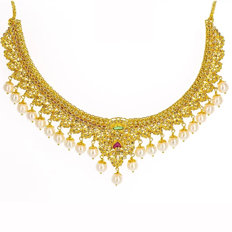 Designer Pearl Necklace-22K Yellow Gold Uncut Diamond Necklace W/16.8ct Uncut Diamonds, Rubies, Emeralds & Drop Pearls