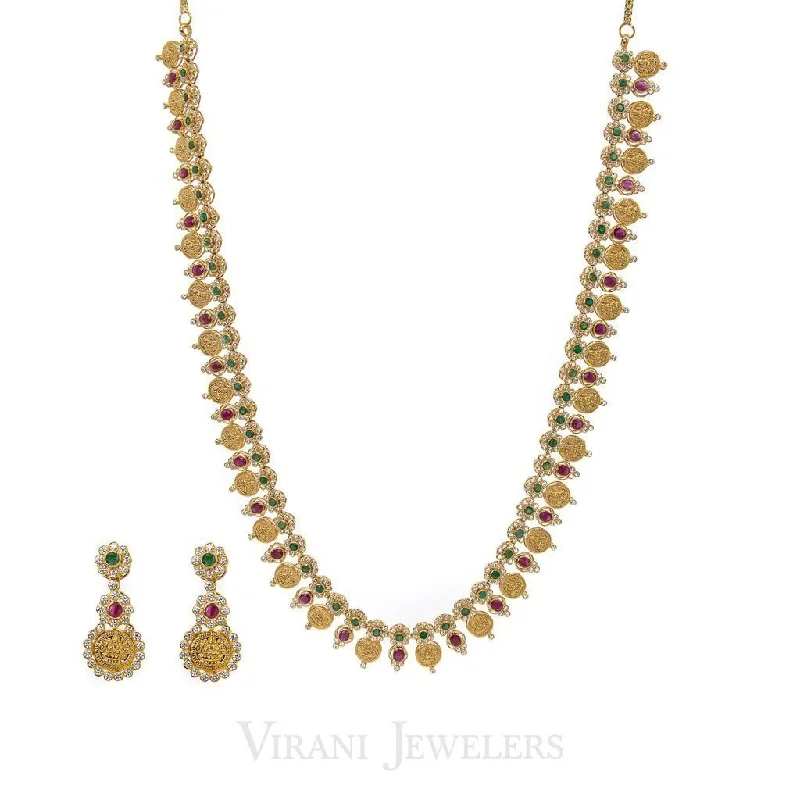 Designer Pearl Necklace-22K Gold CZ, Ruby, Emerald Necklace and Earrings Set