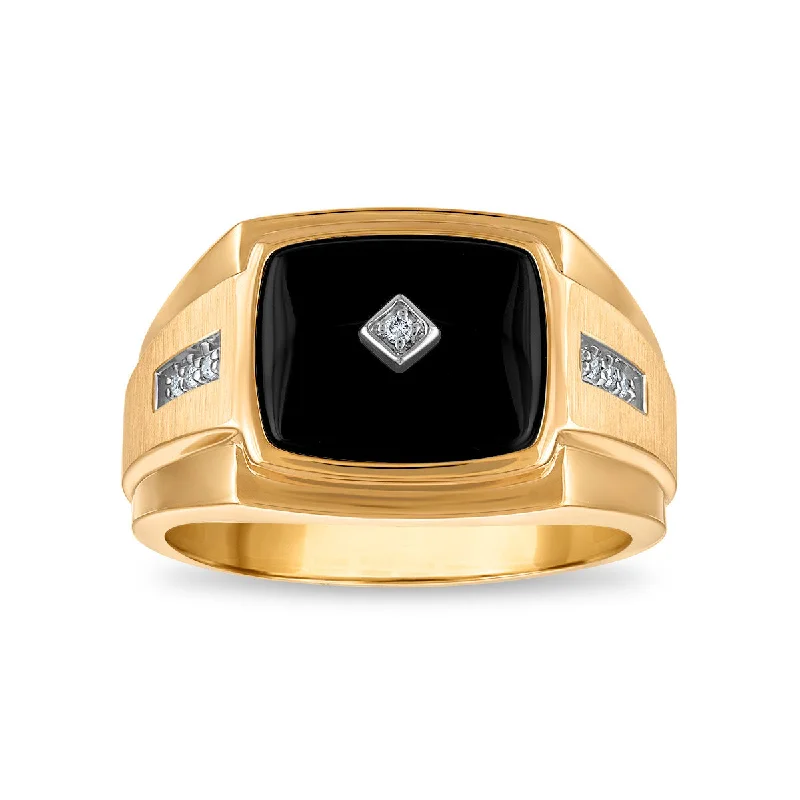 Men’s Wedding Ring with Stone-Cushion Onyx and Diamond Ring in 10KT Yellow Gold