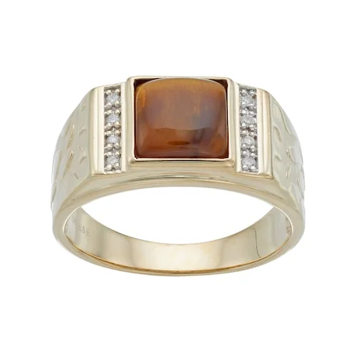 Classic Wedding Band Set-Cushion Tiger Eye and Diamond Gem Stone Nugget Ring in 10KT Yellow Gold