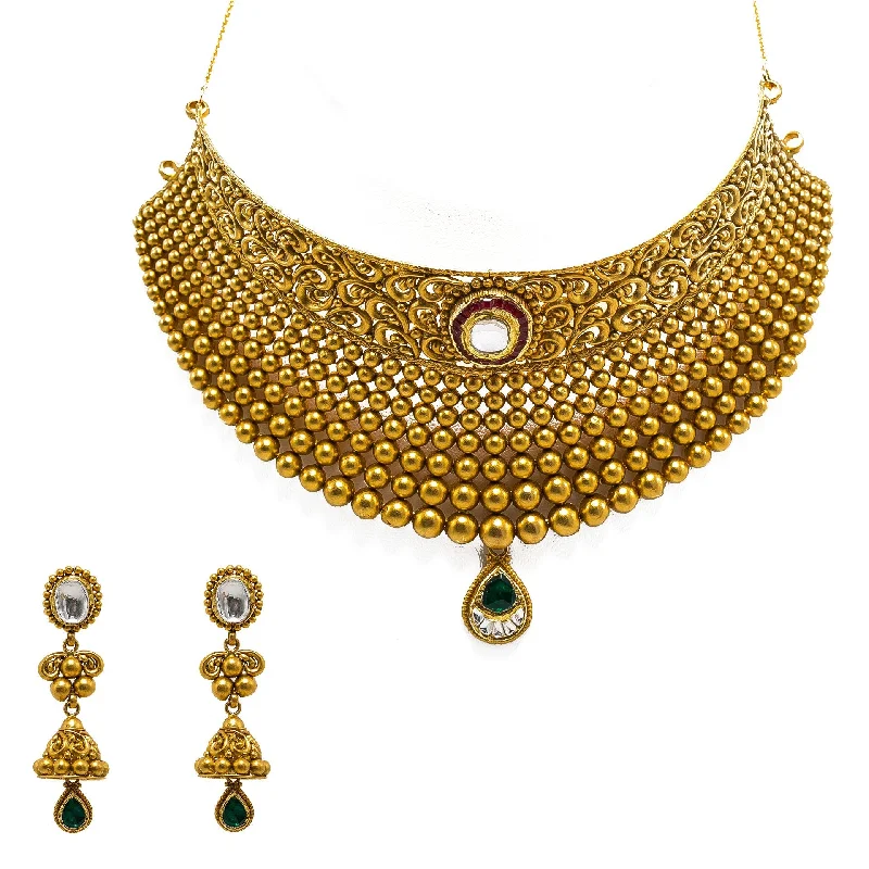 Contemporary Necklace for Women-22K Yellow Gold Choker & Jhumki Earrings Set W/ Rubies, Emeralds, Kundan & Fanned Bead Ball Design