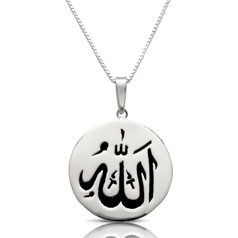 Ethnic Necklace for Women-Better Jewelry Allah Round w. Black Enamel .925 Sterling Silver Necklace