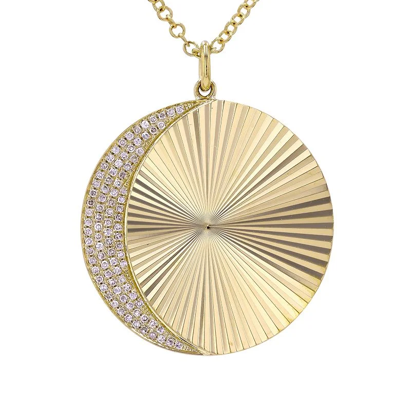 Elegant Choker Necklace-14K Yellow Gold Large Fluted Diamond Moon Disc Necklace