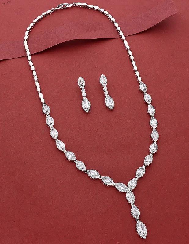 Large Pendant Necklace-Designer Rhodium Polish Zirconia Necklace Set