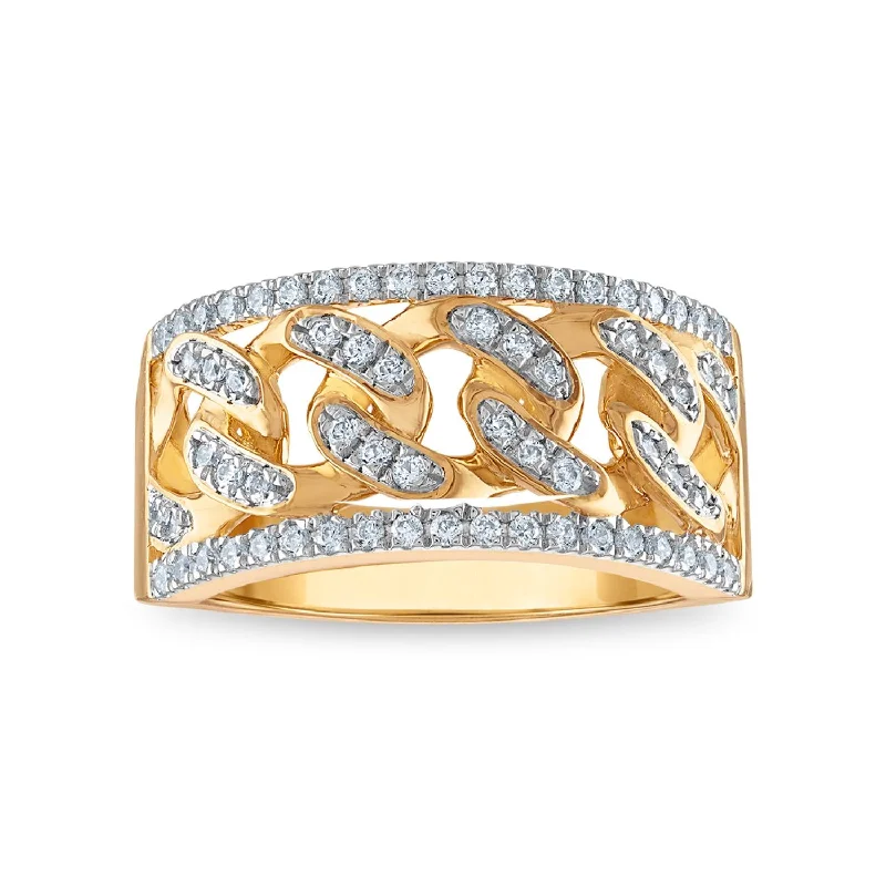 Bold Silver Band Ring-1/2 CTW Diamond Cuban Link Ring in 10KT Yellow Gold