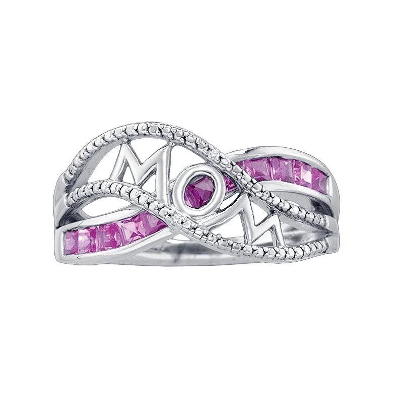 Luxury Wedding Band-Pink Sapphire and Diamond Mom Ring in Sterling Silver