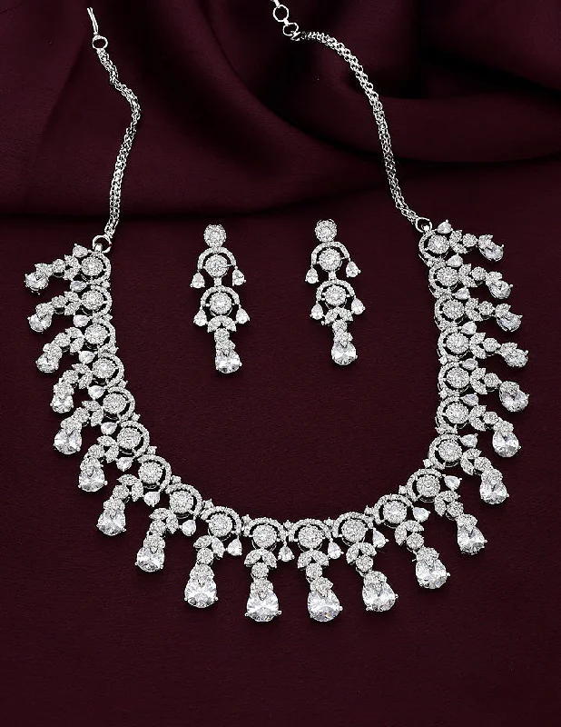 Classic Pearl Necklace-Designer Rhodium Polish Zirconia Necklace Set