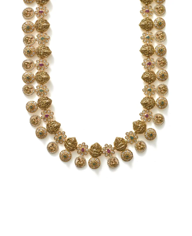 Adjustable Pearl Necklace-22K-Yellow-Gold-Necklace-W/ Ruby-Emeralds-Cz-W/o-Earring