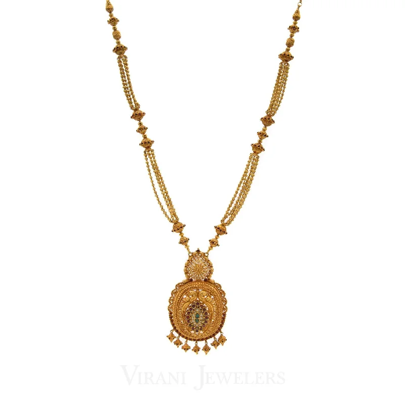 Layered Gold Necklace-22K Antique Gold Finish Drop Necklace W/Kundans, Ruby, & Emerald Stones