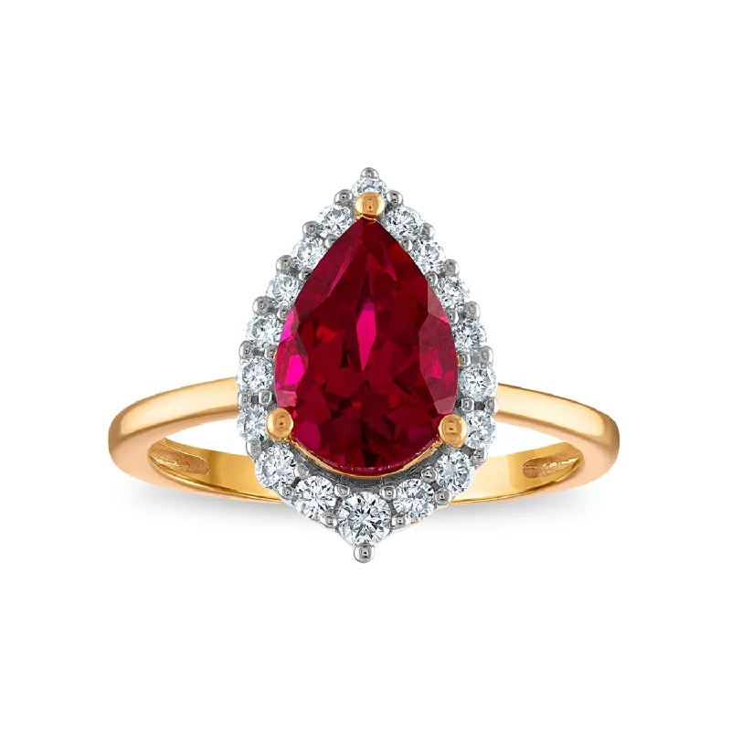 Wedding Band for Men-LoveSong EcoLove 10X7MM Pear Ruby and Diamond Halo Ring in 10KT Yellow Gold