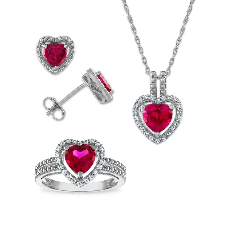 Personalized Couples Ring-Ruby and White Sapphire Ring Pendant Earrings Set in Sterling Silver