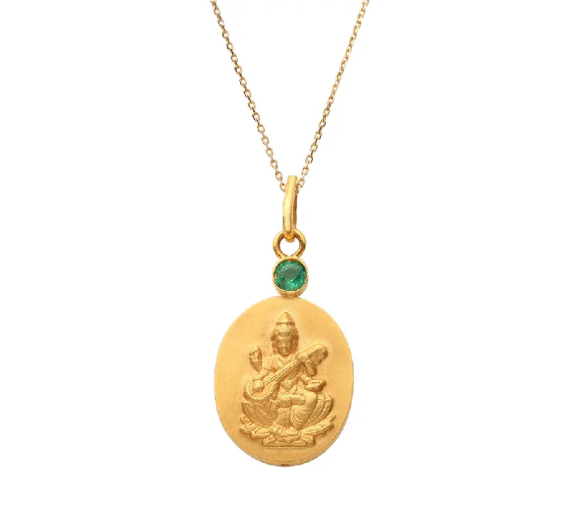 Handmade Gold Necklace-18kt Gold Saraswati Istha Devata Penant Necklace with Emerald Mount