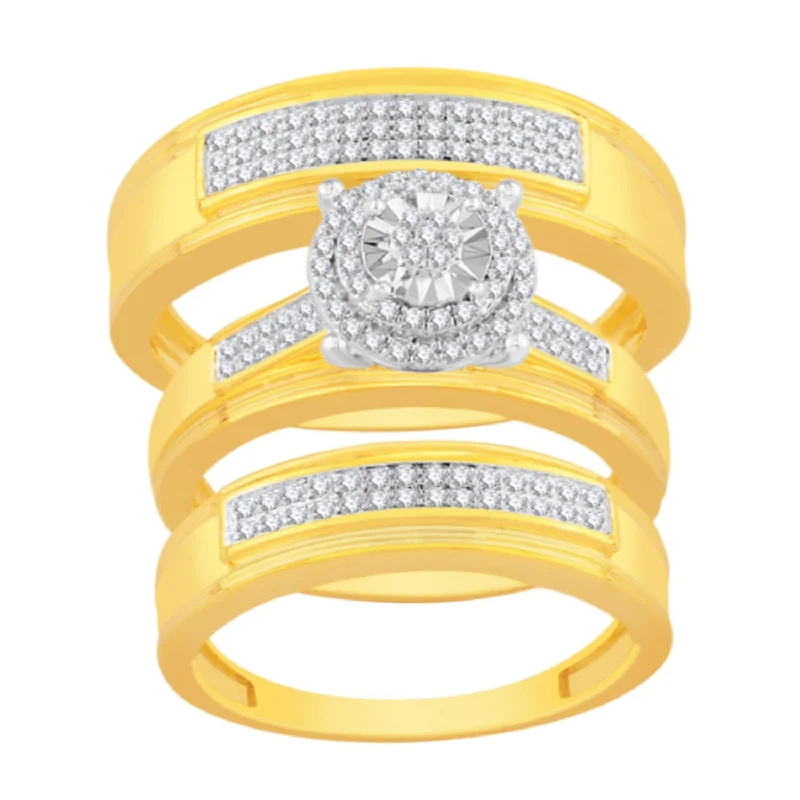 Chunky Gold Ring-3/8 CTW Diamond Halo Wedding Trio Set in 10KT Yellow Gold