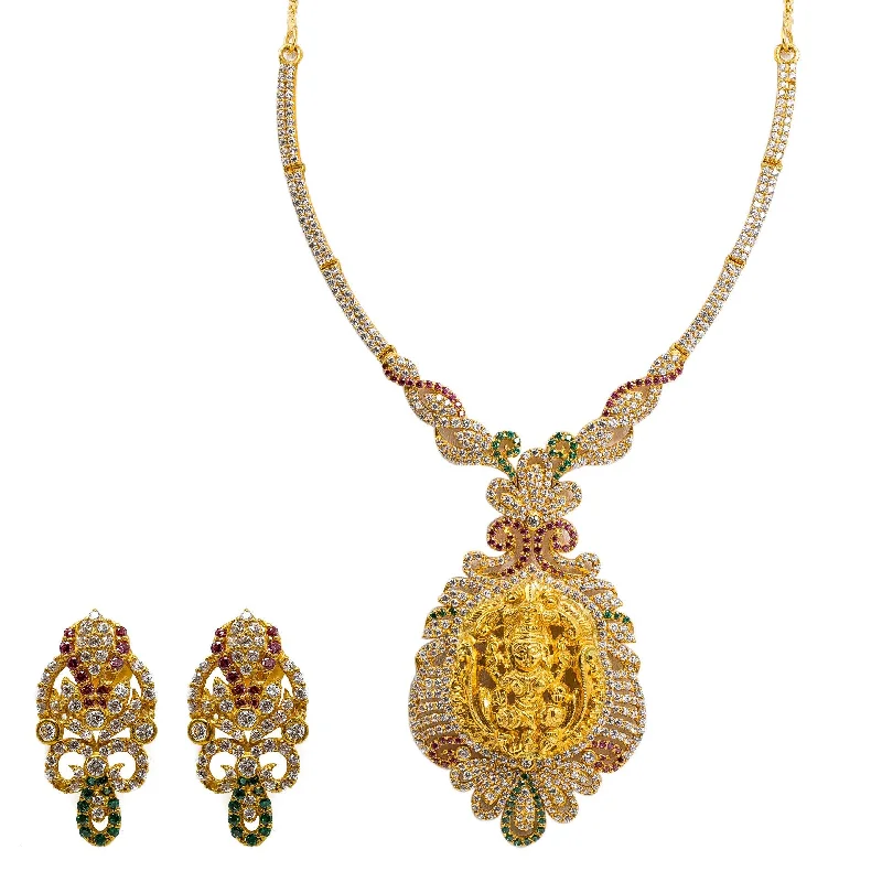 Long Pendant Necklace-22K Yellow Gold CZ Necklace & Earrings Set W/ Rubies, Emeralds, CZ Gems & Fully Encrusted Laxmi Pendants