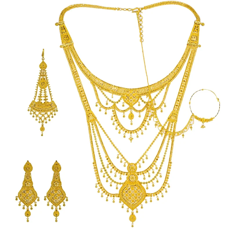 Simple Silver Pendant Necklace-22K Yellow Gold Long Necklace & Earrings Set W/ Tikka, Nath Nose Ring & Filigree Designs