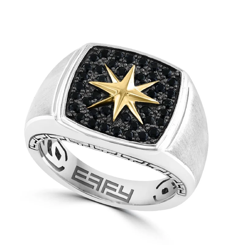 Custom Ring for Anniversary-EFFY Round Black Sapphire Star Signet Ring in Sterling Silver