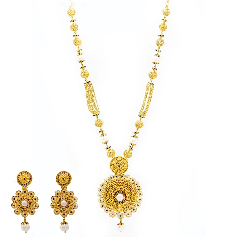 Lightweight Pendant Necklace-22K Yellow Gold Necklace & Earrings Set W/ Emeralds, Rubies, CZ Gems, Sapphires & Pearls