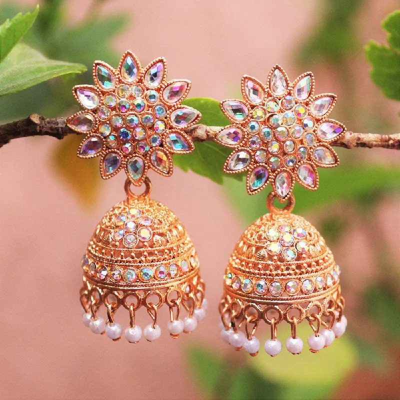 Silver Ring Earrings-H K Fashion Rose Gold Plated Austrian Stone And Pearls Jhumki Earrings