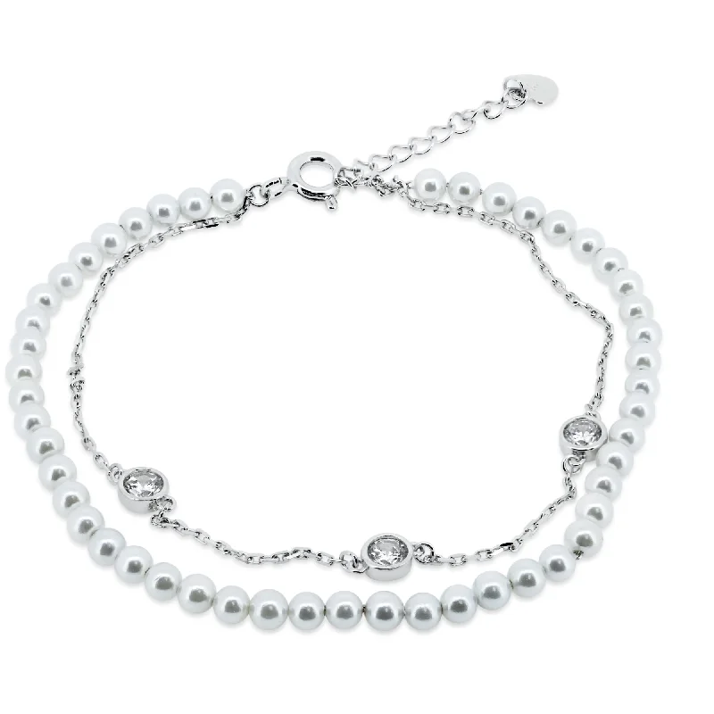 Unique Gemstone Charm Bracelet-Rhodium Plated 925 Sterling Silver Double Strand Synthetic Pearl with CZ - GMB00054RH