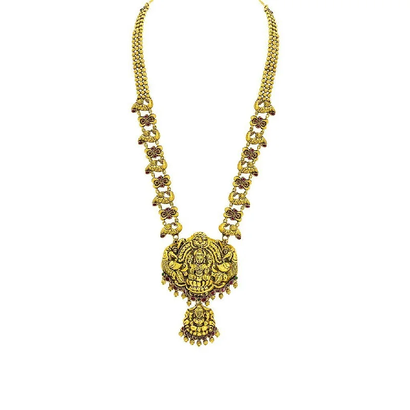 Fashion Jewelry Necklace-22K Yellow Gold Antique Temple Necklace W/ Ruby, Emerald, Laxmi Pendants & Open Peacock Accents