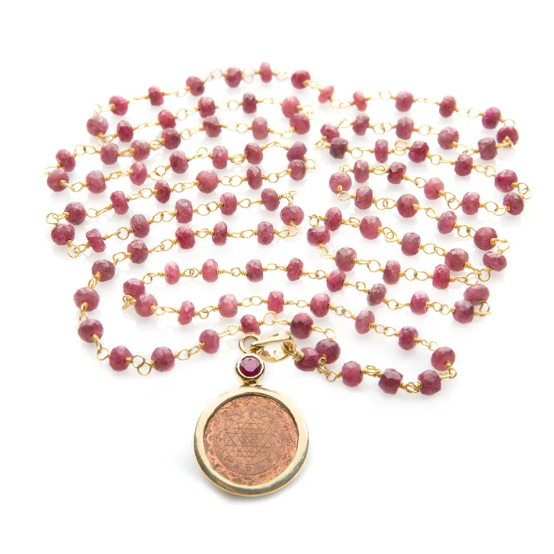 Choker Necklace for Women-Sri Yantra Pendant Necklace on Ruby Mala