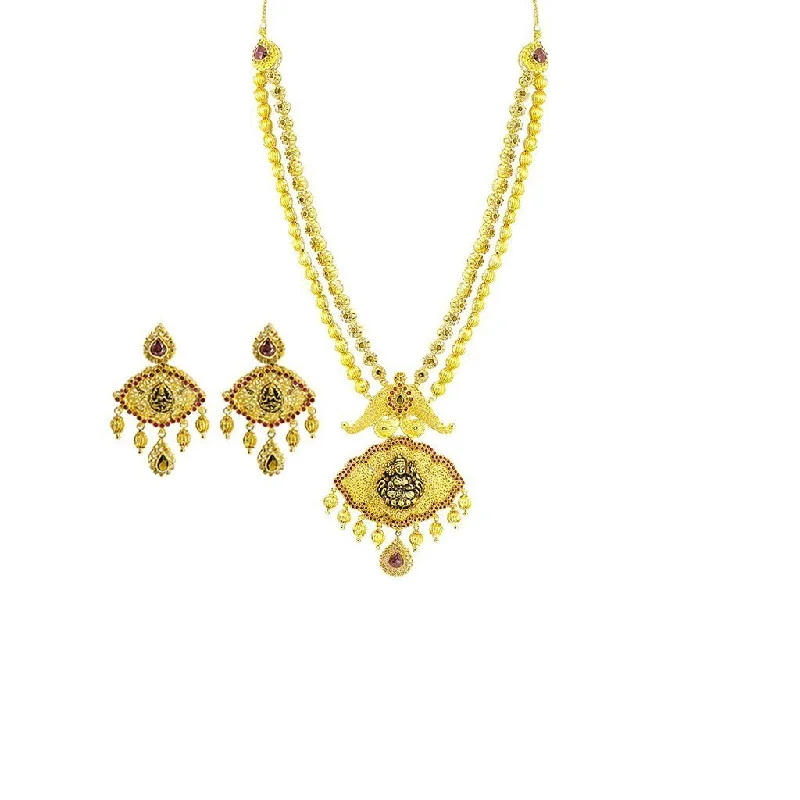 Long Chain Necklace-22K Yellow Gold Necklace & Earrings Set W/ CZ, Rubies, Emeralds on Laxmi & Third Eye Pendant