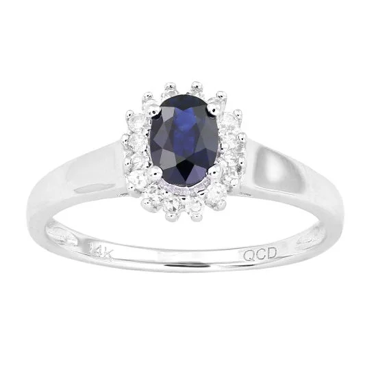 Antique Diamond Ring-6X4MM Blue Sapphire and Diamond Halo Ring in 10KT White Gold