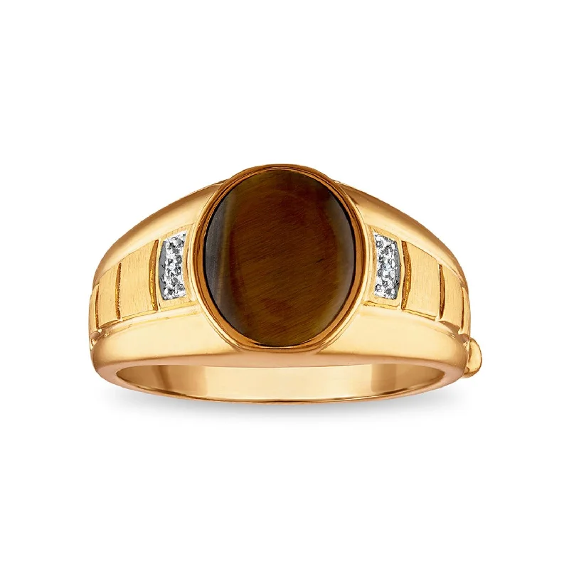 Custom Promise Ring for Women-11X9MM Oval Tiger Eye and Diamond Fashion Ring in 10KT Yellow Gold