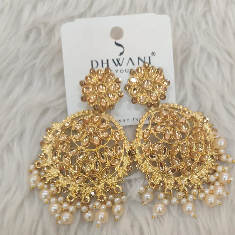 Silver Chandelier Earrings-Dhwani Gold Plated Kundan Stone And Pearl Dangler Earrings