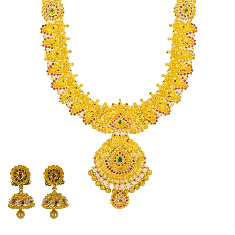 Elegant Gold Necklace-22K Yellow Gold Long Necklace & Jhumki Earrings W/ Rubies, Emeralds, CZ & Peacock Accented Necklace