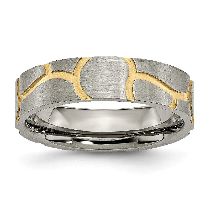 Classic Gold Wedding Ring-Titanium Grooved Yellow IP-plated 6mm Brushed Band