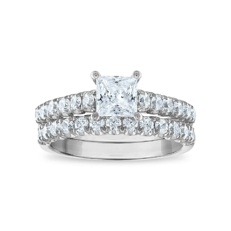 Cushion Cut Sapphire Ring-Signature EcoLove Diamond Dreams 2 CTW Lab Grown Diamond Bridal Set Princess Cut Center Ring in 14KT White Gold