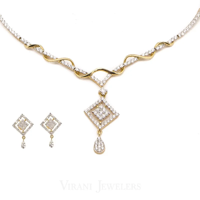 Luxury Gold Necklace-3.73CT Diamond Necklace and Earrings in 18K Yellow Gold W/ Double Diamond Frame Pendant