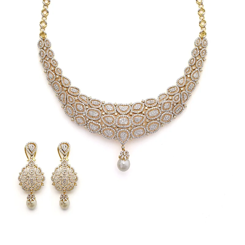 Bold Statement Necklace-18K Yellow Gold Diamond Necklace Set W/ 16.37ct VVS Diamonds, Drop Pearl & Heavy Paisley Design