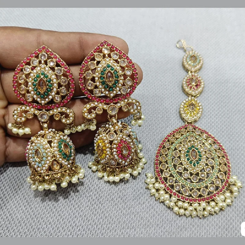 Gemstone Drop Earrings-Rani Sati Jewellers Gold Plated Crystal Stone And Pearls Earrings With Maangtikka