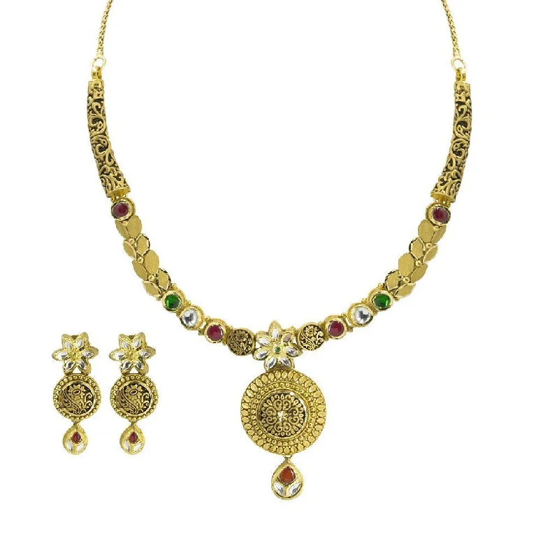 Fashion Necklace for Party-22K Yellow Gold Antique Necklace & Earrings Set W/ Kundan & Large Round Pendant on Crescent Choker