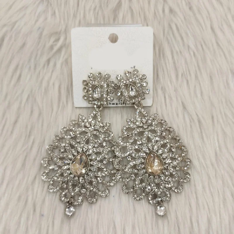 Pearl Drop Earrings-Dhwani Silver Plated Austrian Stone Dangler Earrings