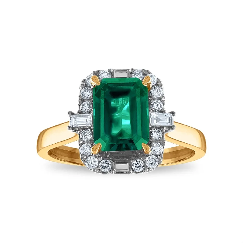 Vintage Diamond Ring-LoveSong EcoLove 8X6MM Emerald Shape Emerald and Diamond Halo Ring in 10KT Yellow Gold