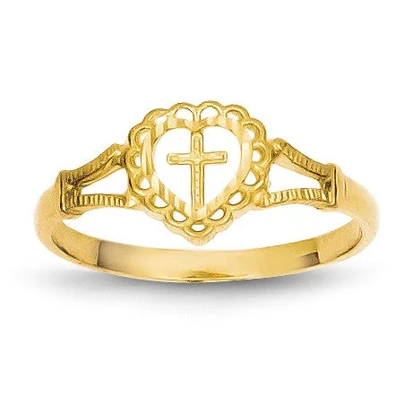 Luxury Diamond Engagement Ring-14KT Yellow Gold Childrens Heart Cross Ring; Size 4