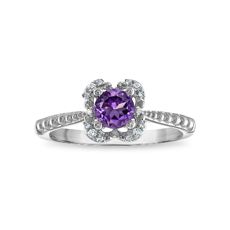 Large Gemstone Ring-5MM Round Amethyst and White Sapphire Birthstone Flower Halo Ring in Sterling Silver