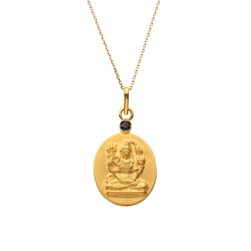 Gemstone Chain Necklace-18kt Gold Shiva Pendant Necklace Mounted with Blue Sapphire