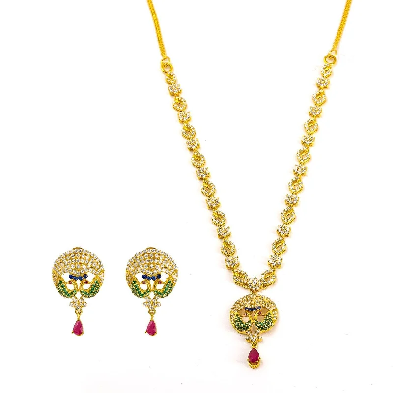 Crystal Necklace for Wedding-22K Yellow Gold Necklace and Earrings Set W/ Rubies, CZ Encrusted Peacock Pendant & Jeweled Charm Chain