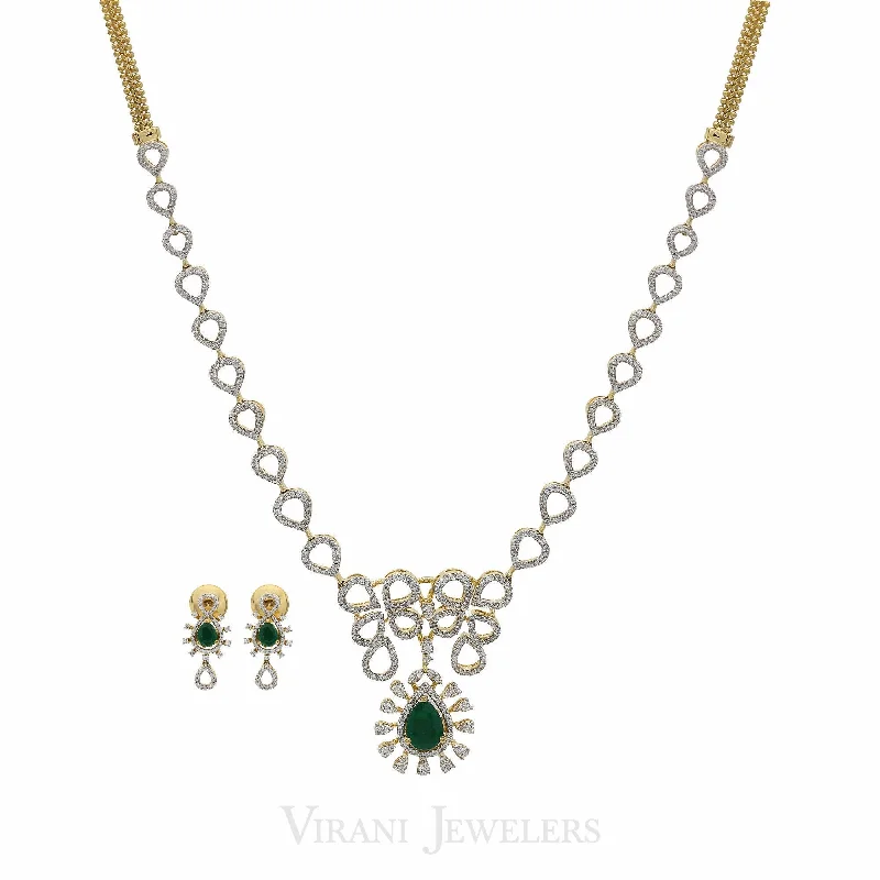 Natural Gemstone Necklace-1.72CT Diamond Teardrop Chain Link Necklace & Earrings Set in 18K Yellow Gold