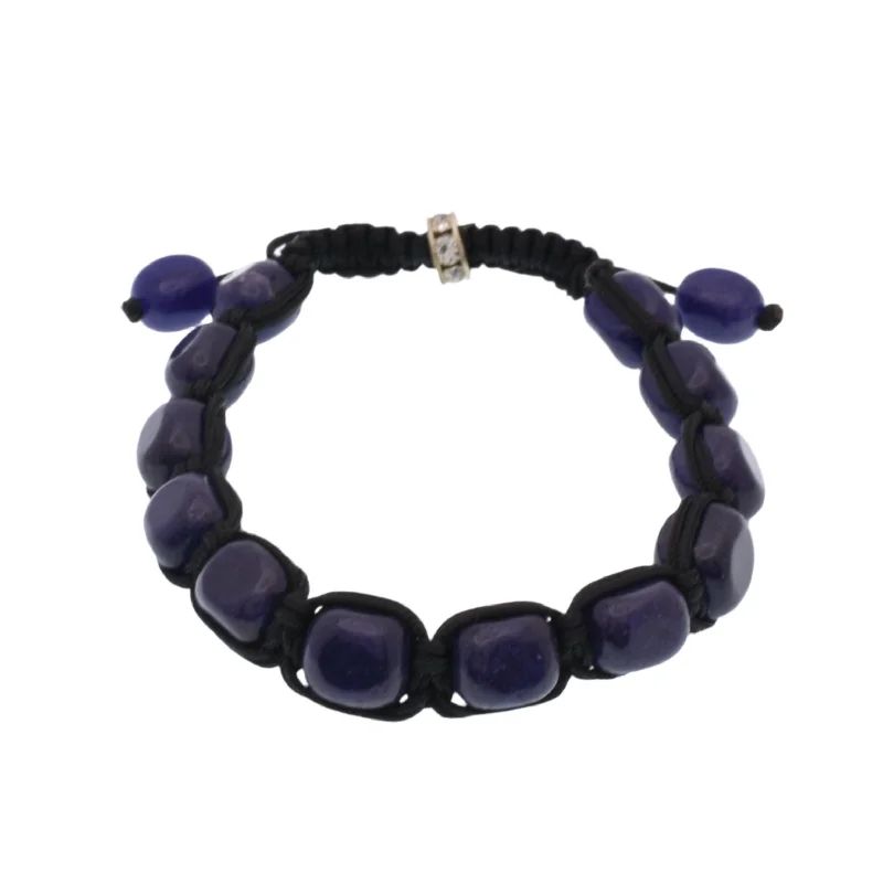 Women’s Personalized Bracelet-Stainless Steel Lapis Bead & CZ  Accent Ring Cord Bracelet - SBB00067