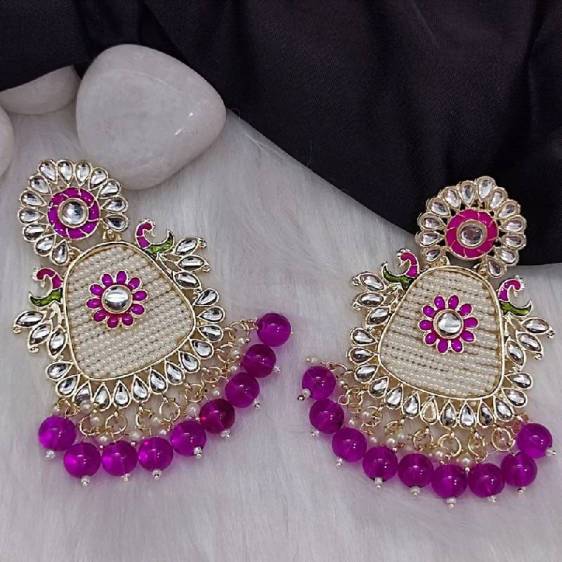 Chandelier Earrings-Bevy Pearls Gold Plated Kundan And Beads Dangler Earrings