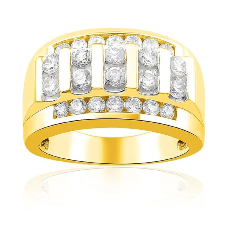 Bold Silver Band Ring-2 CTW Diamond Ring in 10KT Yellow Gold