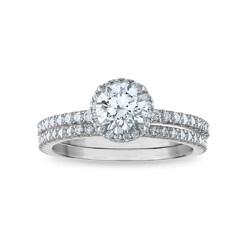 Custom Ring for Anniversary-Signature EcoLove 1 1/2 CTW Lab Grown Diamond Halo Bridal Set Ring in 14KT White Gold